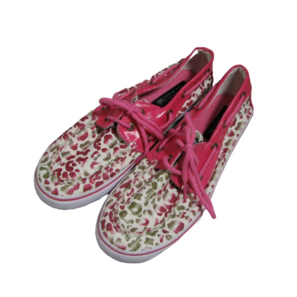 Sperry Topsiders Bahama Pink White Leopard Print Women's Size 5M